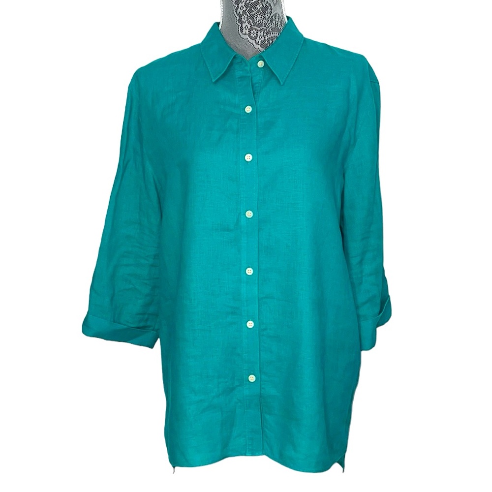 Lafayette 148‎ New York women's Size 10 teal green linen button up shirt.